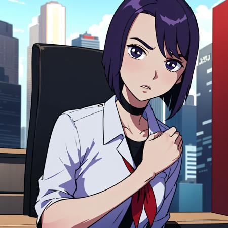 raven,short hair,school unifrom,choker,lookind at viewer,upper body,absurdres, 8k,highres,parody,lookind at viewer,masterpiece,best quality,city,standing
