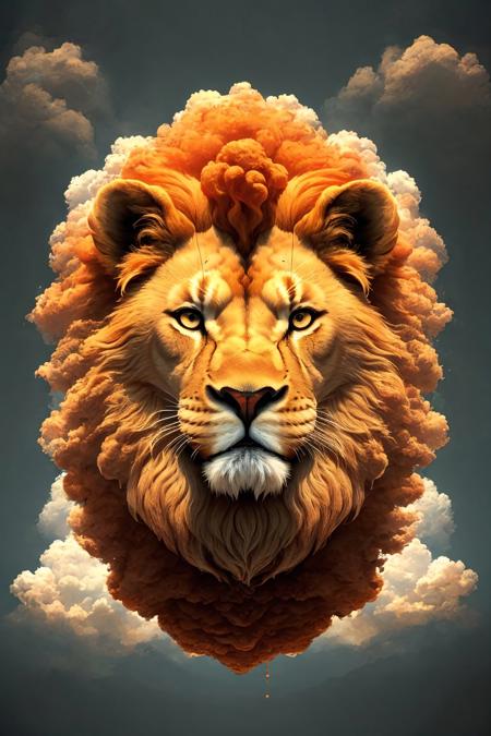 the face of a lion, an orange mane made of clouds, centered, (no humans:1.9), <lora:CloudJourney:1.0>