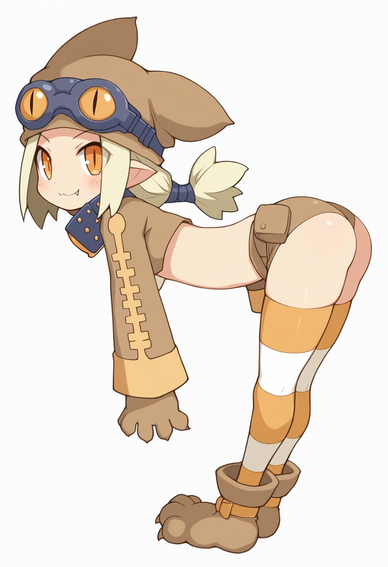 (masterpiece, best quality), 1girl, thief \(disgaea\), disgaea, arrow \(symbol\), ass, bent over, blonde hair, blush, brown gloves, eyes visible through hair, fang, fang out, from side, full body, gloves, goggles, goggles on head, hat, long hair, long sleeves, looking at viewer, looking to the side, orange eyes, paw shoes, pointy ears, simple background, smile, solo, striped clothes, striped thighhighs, thighhighs, white background, <lora:char-thief-disgaea>