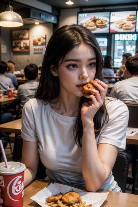 food,french fries,solo focus,restaurant,eating,cup,sitting,black hair,long hair,blurry,indoors,burger,depth of field,disposable cup,1girl,holding,multiple boys,chair,table,drinking straw,black eyes,multiple girls,faceless,blurry background,drink,pov across table,tray,kfc,realistic,
((((masterpiece)))),((((highly detailed)))),[[[realistic art]]],<lora:kfc:0.5:lbw=OUTALL>,