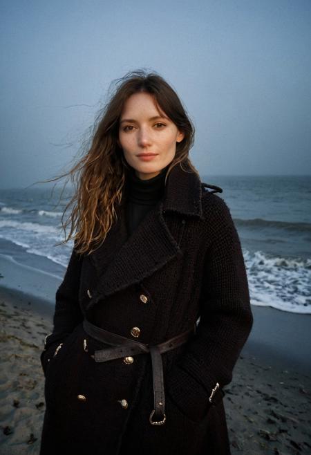 A beautiful 35mm photo of a 30 year old Dutch woman, polaroid photo style, ((turtleneck sweater)), ((leather trenchcoat)), ((full body:1.2)), polaroid film style, she has a comely face, shy smile, in love, pale skin, very dark eyes, chocolate brown hair, straight hair, 70's fringe, beautiful mouth, long face, narrow chin, freckles on nose, birthmarks on stomach, she is slim, natural tits, perfectly shaped tits, pubic hair, ultra realistic, extremely detailed, highly detailed eyes, realistic eyes, highly detailed skin, realistic skin, on the beach at the Dutch coastline, foggy 
cloudy, beautiful lighting, soft natural light, night, dark, moonlight, moon, starry night, perfect light, Rembrandt style light, 8k resolution, masterpiece, 35mm,Camera="Hasselblad X1D 50c", Lens="Hasselblad XCD 90 mm f/3.2 ", "Aperture-of=f/2.8", "ISO=100", film grain, (ultra high res:1.2),(photo-realistic:1.3) (skin pores:1.1)