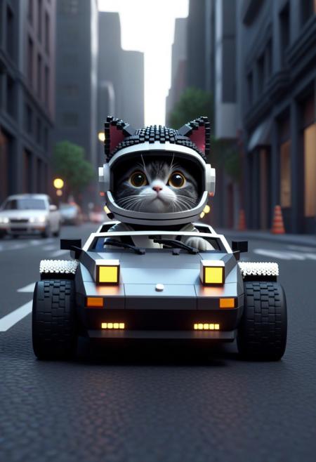 (voronoi, basalt, pixelized, voxels:1.3), closeup shot, from side, cute small classic sports car, astronaut cat driving, wear round goggles, wear animal ears helmet, run through on city street, cinematic, cinematic lighting, (masterpiece, best quality:1.4), ultra-high res, 4k, Photorealistic, insanely detailed, sfw,