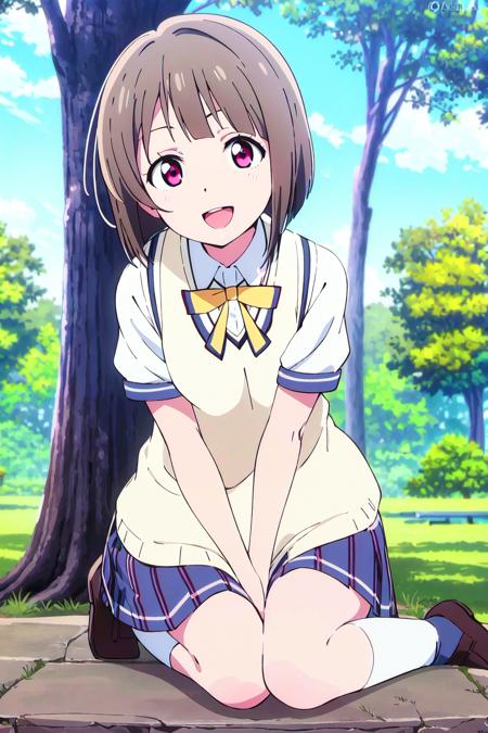 (best quality, masterpiece:1.2), 1girl, solo, cute, looking at viewer, smile, full body, sky, outdoors, open mouth
<lora:A_Nakasu Kasumi Anime New v2:0.8> nakasu kasumi, nijigasaki anime style, short hair, tree, bob cut, brown hair, asymmetrical hair, red eyes, nijigasaki academy school uniform, yellow bow