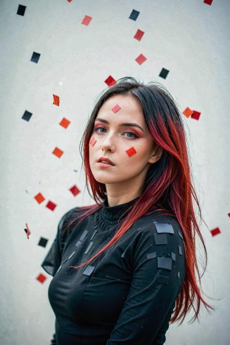 commercial photo on Sony 80mm f1.2, abstract portrait of 1girl, coloured hair, fragmented visual style,red and black color palette,evokes feelings of rebellion,passion,and freedom,blurred boundaries,high resolution,aesthetic, malevich style, suprematizm, unperfect skin, detailed skin with visible pores, bokeh, sharp focus on subject, film grain, masterpiece, HDR,Professional RAW photo
<lora:Cinematic Hollywood Film:0.7> <lora:DetailedEyes_V3:1> <lora:InstantPhotoX3:1>