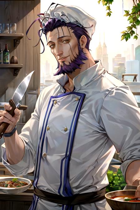 Masterpiece, best quality, restaurant, bowl, machete, holding weapon, holding knife, 1boy, male focus, mature male, beard, solo, <lora:wazukyanSageMadeInAbyss:1>, wazukyansage, purple hair, chef uniform, white headwear, turbant, looking at viewer, upper body, light smile, food, soup, brown eyes,