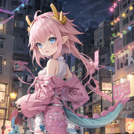 NineTattooDragonEliza a picture of a pink haired girl, anime style scene, 1girl, pink hair, dragon horns, horns, dragon girl, tail, blue eyes