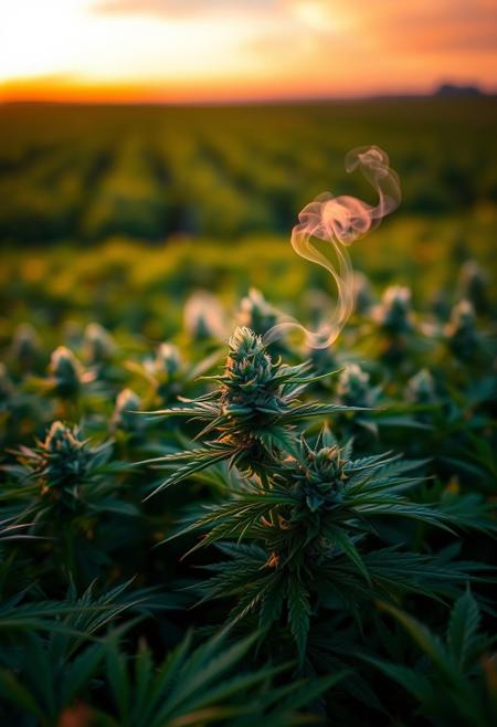 vibrant cannabis field, (lush green leaves:1.4), (sunset glow:1.2) casting warm light over the plants, (detailed textures:1.5), smoke swirling softly in the air, (cannabis buds:1.3) glistening with trichomes, peaceful and serene atmosphere, (natural light:1.4), wide field stretching into the distance, (colorful sky:1.2) with shades of pink and orange, (high-definition:1.6), (ultra-realistic textures:1.5), close-up details of cannabis plants, (soft focus in the background:1.2), modern, laid-back aesthetic, perfect for a cannabis culture feature, chill and relaxed vibe, (overexposed:-1.4), (unnatural colors:-1.5), (blurry:-1.6), (low-resolution:-1.7), (harsh lighting:-1.5), (distorted textures:-1.6)