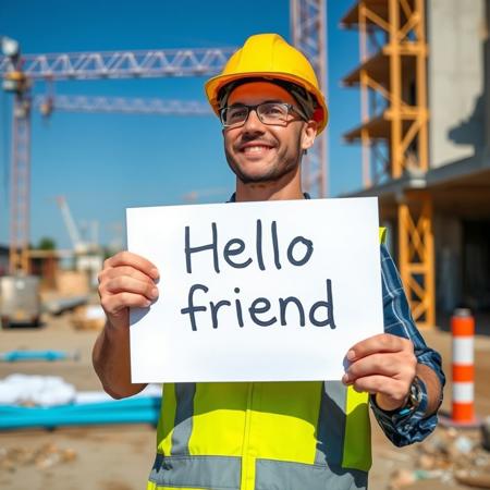 A man wearing a hard hat on a construction site holds a sign that reads: Hello friend