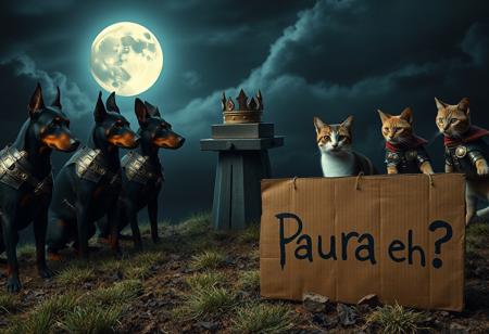 A medieval battlefield under a haunting, full moon is illuminated by eerie moonlight. On one side, five fierce and muscular Dobermans, clad in makeshift medieval armor, stand ready for battle. Opposite them, five nimble and sharp-eyed cats, each adorned with small, yet menacing, armor pieces, crouch in defiance. The atmosphere is tense and charged, with a creepy aura enveloping the scene. In the background, a crown, shimmering in the moonlight, sits atop a pedestal. A rough, hand-painted cardboard sign in the foreground reads “Paura eh?” in jagged, unsettling lettering, adding to the tension of the contest. The entire scene is surreal, blending elements of medieval imagery with an eerie, fantastical vibe.