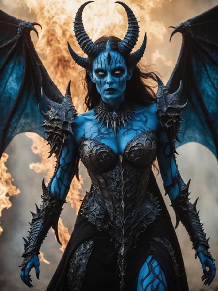 Horror-themed cinematic film still,a horrifying blue-skinned female demon queen,blue eyes,cinematic pose (full body portrait:1.3), (detailed monstrous evil face:1.4), screaming, wide spread bat like wings, (detailed scaly skin texture:1.2), long curved horns, (in hell, blue flame, swirling tormented souls, billowing smoke:1.5), black spiky armor,detailed blue armor, shallow depth of field, vignette, cinematic, highly detailed, high budget, bokeh, cinemascope, moody, epic, gorgeous, film grain, grainy . Eerie, unsettling, dark, spooky, suspenseful, grim, highly detailed