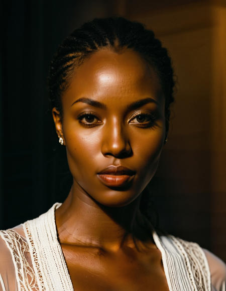 analogue portrait photo of a Beautiful dark skin African woman, clear focus, high resolution image, ,RandCloth__ <lora:Ayana_Lela_African_Woman:0.8>  ,low light, soft natural light, Rembrandt style light, Hasselblad DLSR camera, 200mm Zeiss lens, f/2.8, ,Sexy pose, erotic pose, exhibitionism ,Castle on a hill