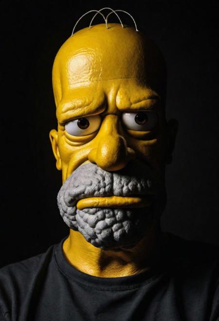 Close-up, (Homer Simpson ), grim smile, relaxed pose, portrait movie shot, serious, menacing, chiaroscuro style photo, dark background, minimalism, dramatic lighting, professional quality, dull highlights and shadows, natural and   original, laser eyes