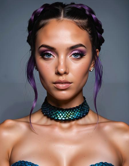 A photo-realistic shoot from a portrait camera angle about a woman with a mermaid-like appearance, showcasing intricate scales in vibrant colors. the image also shows a dark background and a focus on the subject. on the middle of the image, a woman who appears to be in her mid-twenties, with fair skin, blue eyes, and purple hair styled in a single braid. she is facing the viewer with a neutral expression, looking directly at the camera. her body is slim with bare shoulders and medium-sized breasts, and her nipples are visible. she has tattoos on her arms and chest, and she is wearing a black choker with a silver chain around her neck. her hair is styled in an updo and her makeup is dramatic, with eyeshadow and eyeliner.