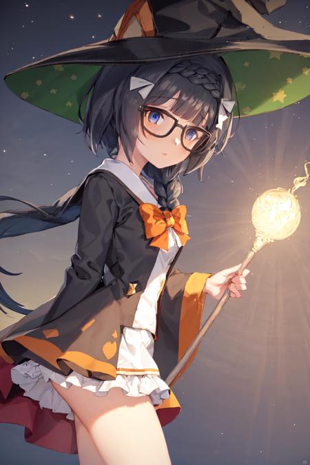 masterpiece, best quality, 
zenno rob roy \(umamusume\), 
holding staff, staff, light trail, electricity,
night sky, 
looking up, standing, from side, 
official alternate costume, halloween costume, hairclip, hair bow, blue bow, witch hat, star print, ears through headwear, black headwear, glasses, black-framed eyewear, black robe, white shirt, orange bowtie, center frills, long sleeves, black skirt, shorts skirt, 
<lora:zenno_rob_roy_loha:0.7>