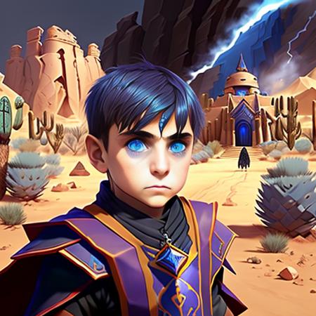 <lora:NortromSilencer:0.9> NortromSilencer as a child, ((front facing)), blue eyes, large desert temple beside a cliff in the background, detailed, sandstorm, covering face