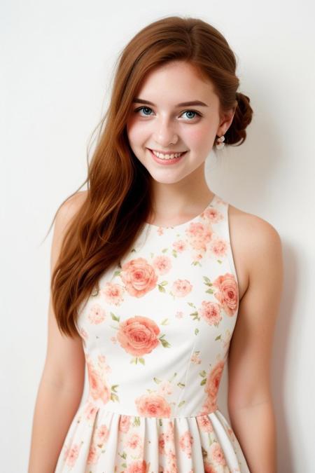 HD, perfect quality, 16k, very detailed,  a beautiful 21yo college girl with ginger hair in an updo, pale skin, wearing a calico floral dress, pink fleckes, green eyes, slim, detailed skin, hair behind ear, smiling proudly, standing in front of white background