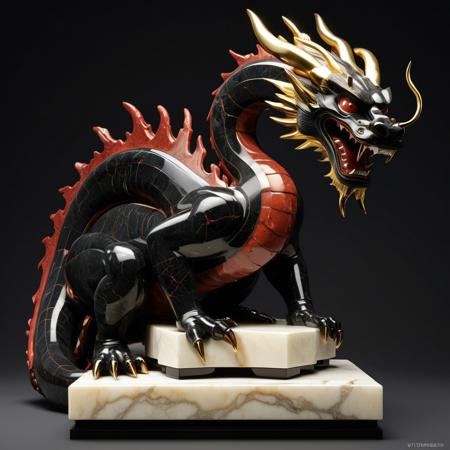 3d object, a statue, made of red jasper, ivory, bloodstone and quartz with gold accents. Ruby eyes. Obsidian claws
Focus on head. A work of japanese art, Edo period, inspired by ukiyo-e style, museum quality
Focus on head. The representation of a giant dragon, a  (((Ryūjin))), hyper realistic and ultra detailed, dramatic lighting, ray tracing.
On a small simple pedestal, in a room made of (((ardosia))) black schist
Auction catalog, high value, collector item