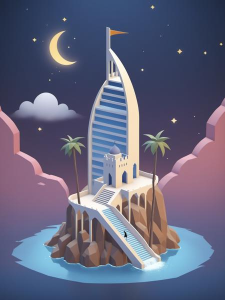 video game monument valley style, BURJ AL ARAB JUMEIRAH, stairs, water, cloud, trees, waterfall, gradient background, Night, starry sky, <lora:Monument Valley style:0.85>