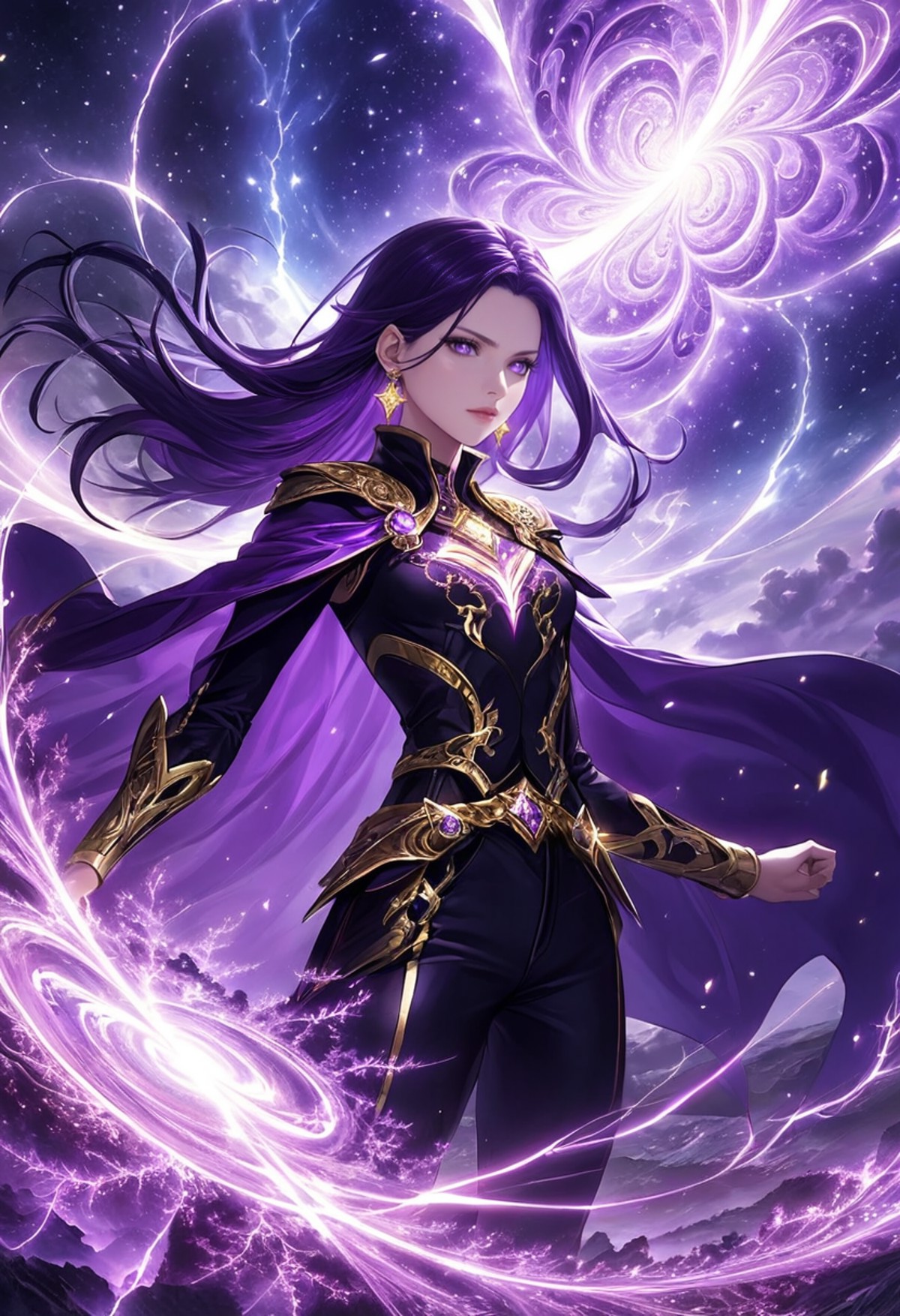 Pretty female lightning mage, dark purple long hair, noble attire, ((black costume with gold accents)), crystal earrings, ...
