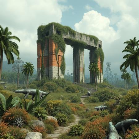 An ancient monolithic structure sits inactive and overgrown after millennia of inactivity. The landscape around it is covered in alien wildlife and flora.