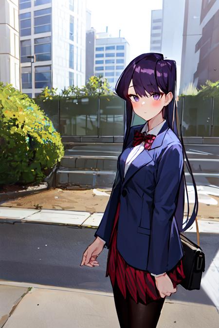 ((komi shouko)), 1girl, bangs, black pantyhose, blazer, blue jacket, blush, bow, bowtie, breasts, closed mouth, collared shirt, bag, cowboy shot, diagonal-striped skirt, expressionless, outdoors, highres, jacket, (komi-san wa komyushou desu), long hair, looking at viewer, medium breasts, pantyhose, pleated skirt, purple eyes, purple hair, red bow, red bowtie, red skirt, school uniform, shirt, skirt, solo, striped, striped bow, striped bowtie, striped skirt, swept bangs, white shirt  <lora:komi_shouko:0.55>