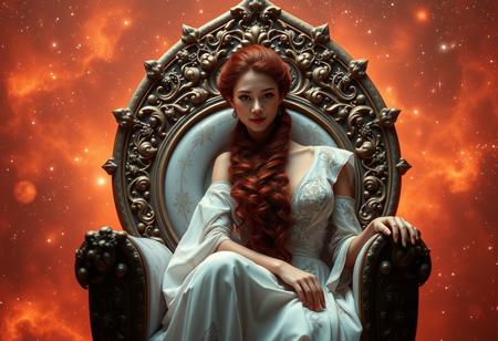 Stunning portrait of the beautiful Queen of the Cosmos, with Asian skin, sitting on an Ethereal Throne, ((Gorgeous Long Curly Red Hair:1.1) ), Use warm tones and soft lighting, galaxy background