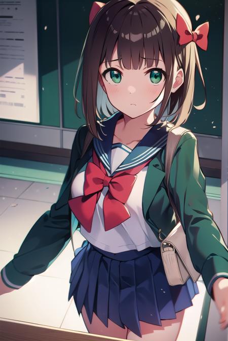 harukaamami, <lora:harukaamamitest:1>,
haruka amami, brown hair, (green eyes:1.5), short hair, (hair bow:1.5), hair ribbon, bangs, blunt bangs, (small breast:1.2),
BREAK bag, bow, school uniform, serafuku, skirt, sweater, long sleeves, red bow, blue skirt, grey sweater,
BREAK looking at viewer,
BREAK indoors, classroom,
BREAK <lora:GoodHands-vanilla:1>, (masterpiece:1.2), best quality, high resolution, unity 8k wallpaper, (illustration:0.8), (beautiful detailed eyes:1.6), extremely detailed face, perfect lighting, extremely detailed CG, (perfect hands, perfect anatomy),