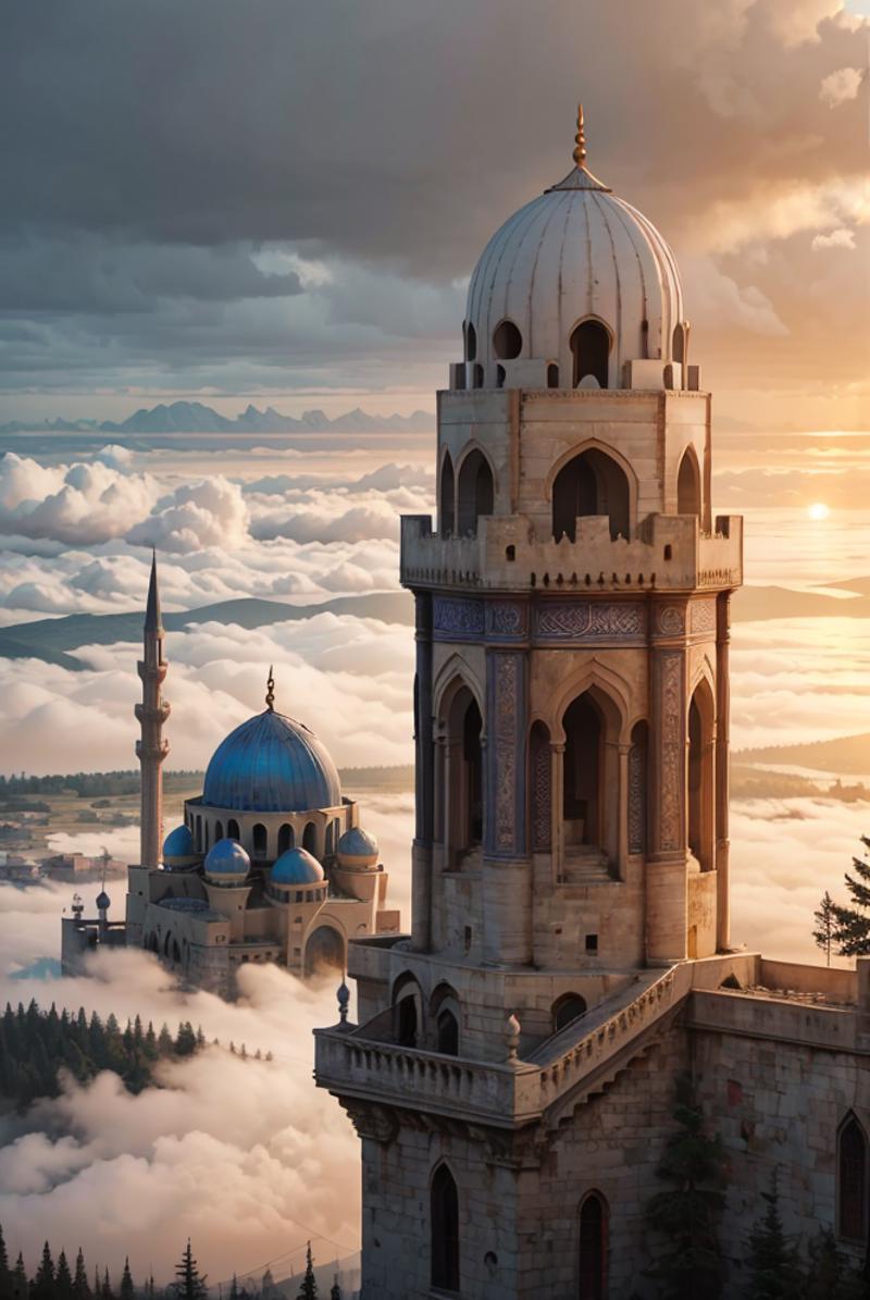 A majestic tower with a blue dome stands tall in front of clouds and a sunset.