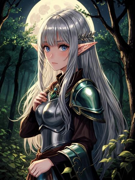 1 girl, beautiful elven maiden:1, silver elven armor:0.8, shoulder portrait, Night, Forest:0.8, Full moon, mana flow, shimmers, psychic energy <lora:add_detail:0.8>