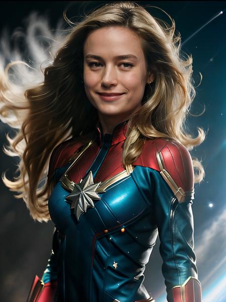 <lora:bri3ver2:0.6>, bri3,a woman,blonde hair,long hair,smile,stars,night,masterpiece,flying in space,film grain,out of focus,motion blur,wearing captain marvel costume, by greg rutkowski <lora:add_detail:1> (add_detail:1.3)