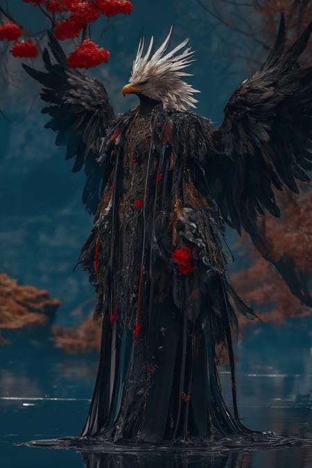 1 eagle,full body,feathers,wings,standing under the peach tree,black_theme,Horror Scene,<lora:éº»è¢NSFW2024-001æææ»¤é:0.7>,<lora:éº»è¢2024-022ææé¸æé0.4-0.9:0.7>,, masterpiece,best quality,ultra-detailed,