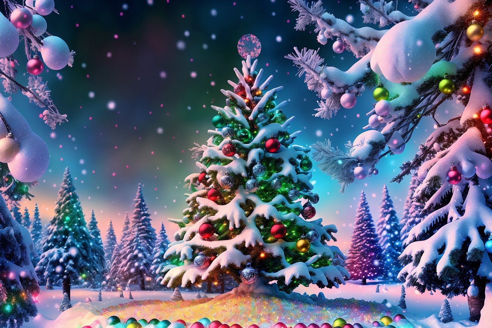 <lora:Xmas3:0.7> Xmas snow covered colorful tree, ornaments, fantasy, cinematic
