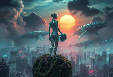 "**In the ruins of a flooded cyberpunk city, a lone AI-driven android woman stands atop a half-submerged skyscraper. Her silver body is fractured, overgrown with neon-lit algae and bioluminescent vines, reflecting the dying sun through toxic clouds. Around her, giant holographic whales swim in the polluted sky, flickering between broken advertisements and data storms. She gazes at the collapsing horizon, clutching a cracked VR helmet like a relic from a lost human civilization. Ultra-detailed, cinematic lighting, intricate textures, hyper-realistic rendering, atmosphere heavy with decay and neon glow, 8K resolution, dramatic perspective, masterpiece."