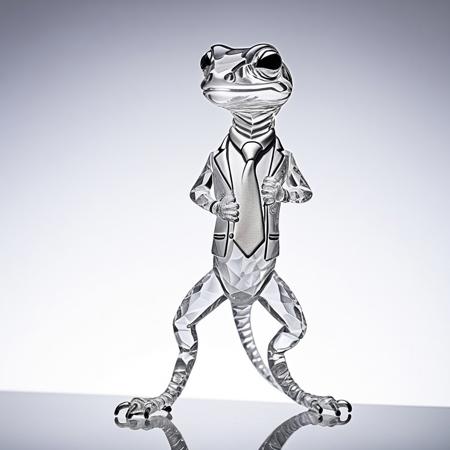 High-resolution image of a crystal figurine depicting an anthropomorphic gecko in a finely detailed business suit. The entire figurine is crafted from clear, faceted crystal, with sharp edges and smooth surfaces that reflect and refract light beautifully. The gecko stands in a confident pose, perhaps holding a briefcase or adjusting its tie, capturing a sense of professionalism. The suit features subtle etched details, adding texture and realism to the crystal sculpture. The background is a soft, neutral gradient to focus attention on the figurine's intricate craftsmanship, with soft studio lighting creating sparkling highlights and delicate shadows. The style is photorealistic, emphasizing the crystal's clarity, light play, and the elegant balance of the figure, cs-cr1stal-v2