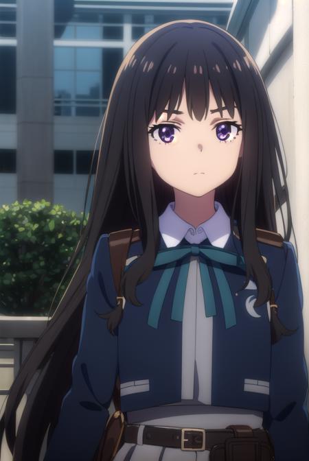 takinainoue, <lora:takinainoues1-lora-nochekaiser:1>, 
inoue takina, long hair, bangs, black hair, (purple eyes:1.2),
BREAK shirt, long sleeves, dress, ribbon, school uniform, white shirt, collared shirt, belt, neck ribbon, blue dress, green ribbon, pleated dress, grey dress, two-tone dress, blue belt, lycoris uniform,
BREAK outdoors, city,
BREAK looking at viewer, (cowboy shot:1.5),
BREAK <lyco:GoodHands-beta2:1>, (masterpiece:1.2), best quality, high resolution, unity 8k wallpaper, (illustration:0.8), (beautiful detailed eyes:1.6), extremely detailed face, perfect lighting, extremely detailed CG, (perfect hands, perfect anatomy),