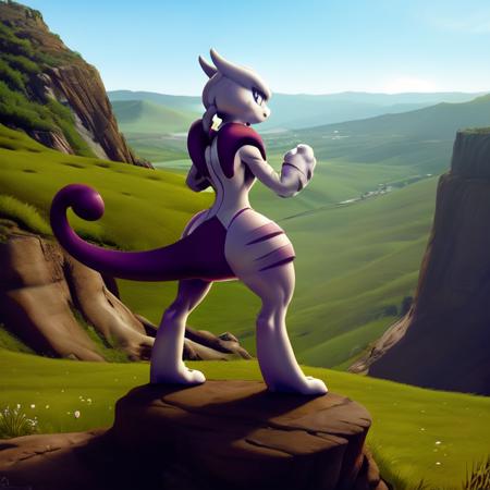 a mega mewtwo x standing on edge of a cliff looking down into the valley below,
detailed background,rear view,side view,  <lora:mega_mewtwo_x:1>