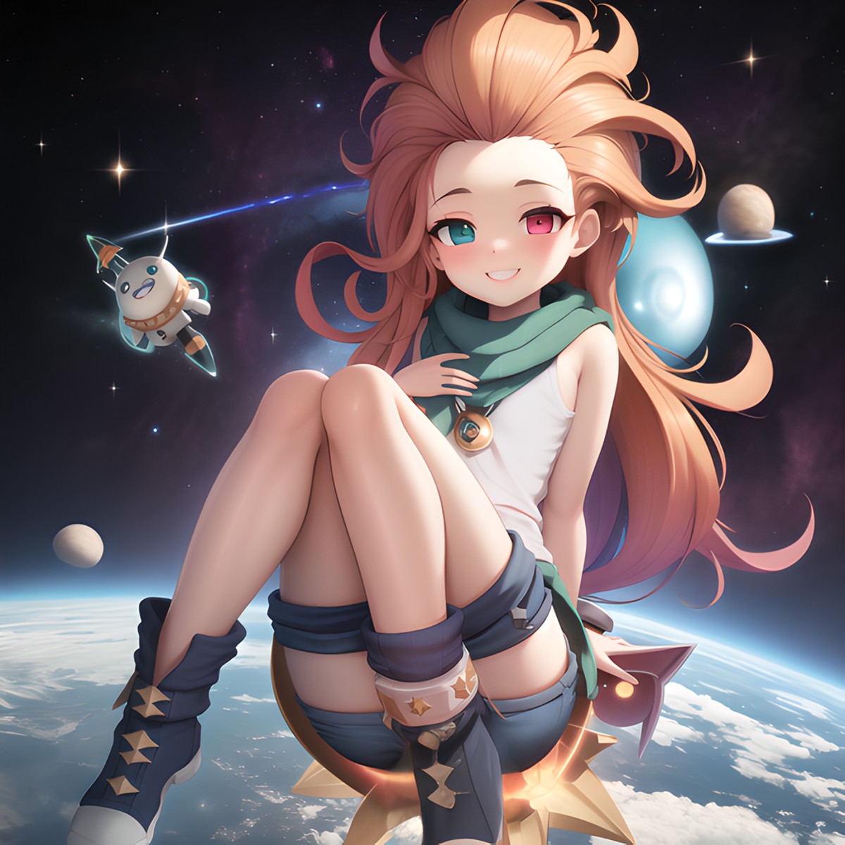 masterpiece, best quality, zoe,  <lora:Zoe:0.7>, in space with a massive galaxy, smile, shorts, heterochromia