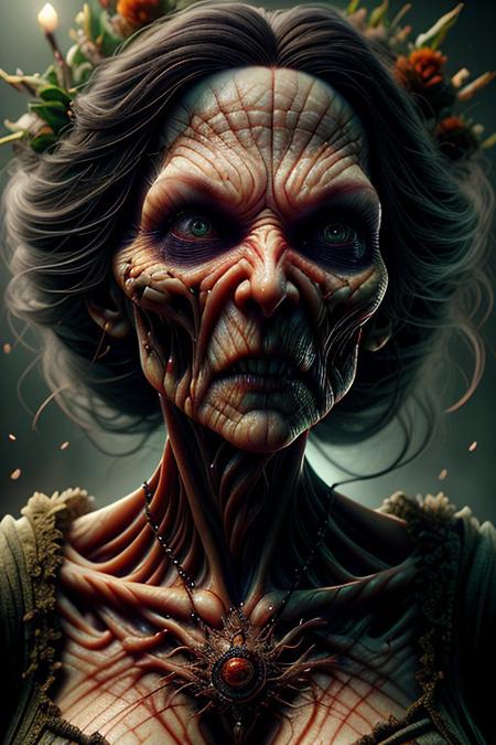 A hyper-realistic Close up shot of a figure completely made of grass and red flowers in female form, full body zoomed in, ultra sharp focus photo, 3d render, architecture, dark fantasy, vibrant  (photography, high-resolution, dynamic, energetic,hyper-realistic, dramatic lighting, shallow depth of field.)HalloweenGlowStyle, ral-wtchz, CyberRealistic_Negative, ral-wtchz