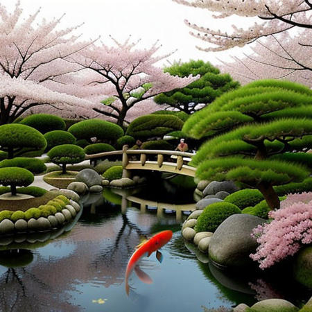 A serene Japanese garden with cherry blossoms in full bloom and a koi pond.