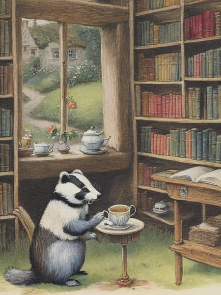 <lyco:RandolphCaldecott:1.0> vintage illustration Beatrix Potter style of a badger having tea in a cottage library