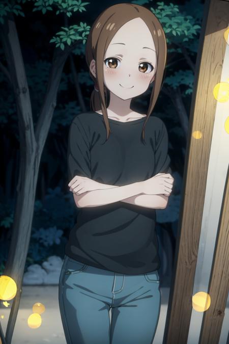 best quality, (masterpiece:1.2), detailed,
<lora:chara_KarakaiJouzu_Takagi-san_v1:0.8>, takagi-san adult,
1girl, solo, closed  mouth, smile, blush,
brown hair, brown eyes, ponytail,
black shirt, jeans,
standing, looking at the viewer,
outdoors, night, fireflies