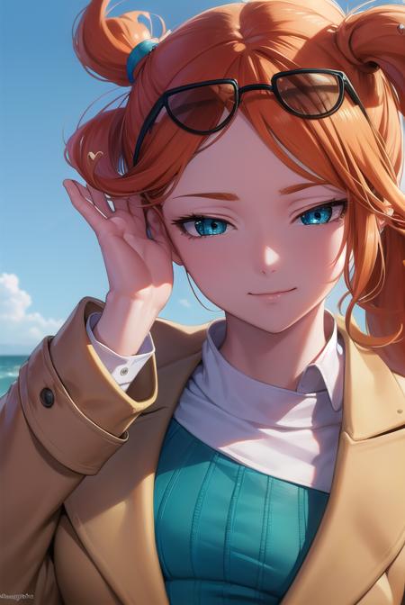 pokemonsonia, <lyco:pokemonsonia-lyco-nochekaiser:1>,
pokemonsonia, aqua eyes, heart, heart hair ornament, long hair, long sleeves, orange hair, side ponytail, swept bangs, <lora:sensualface_type2:1>, smile,
BREAK aqua footwear, aqua nails, aqua shirt, brown coat, brown jacket, coat, collarbone, eyewear on head, jacket, long sleeves, orange-tinted eyewear, pants, ribbed shirt, shirt, sunglasses, tinted eyewear,
BREAK looking at viewer, (upper body:1.2),
BREAK outdoors, city, sky, sun,
BREAK <lyco:GoodHands-beta2:1>, (masterpiece:1.2), best quality, high resolution, unity 8k wallpaper, (illustration:0.8), (beautiful detailed eyes:1.6), extremely detailed face, perfect lighting, extremely detailed CG, (perfect hands, perfect anatomy),