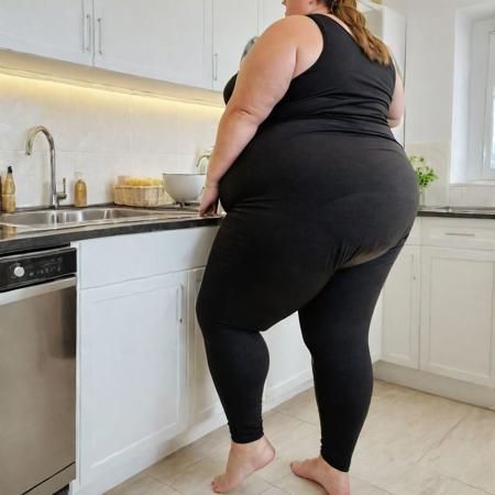 RAW full pose photo, view from the side, huge obese housewife, heavily pregnant, sexy bbw, washing dishes, wearing black tank top and diaper under leggings, detailed skin facture, photorealistic, 4K, sharp focus