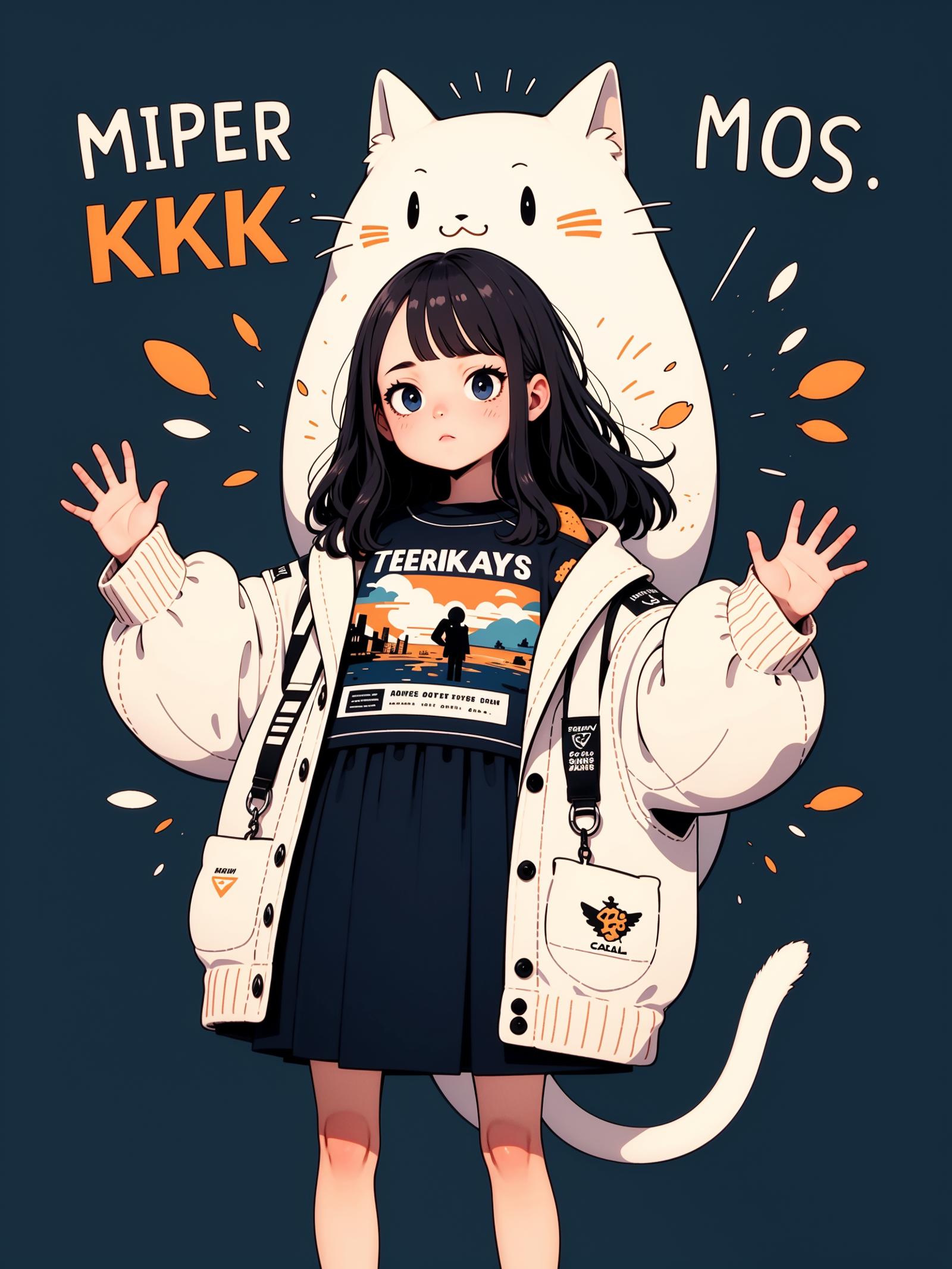 A cartoon drawing of a woman wearing a white jacket and a shirt with the words "Teekiays" on it, with a cat on her shoulder.