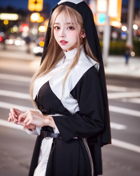 masterpiece, high quality, 8k raw, realistic, realistic eyes, anime, 1girl, nun, outdoors, ((night)), city, traffic, crowd,  look looking at viewer,  <lora:imazey_v10:1> ulzzang-6500-v1.1_2 pureerosface_v1