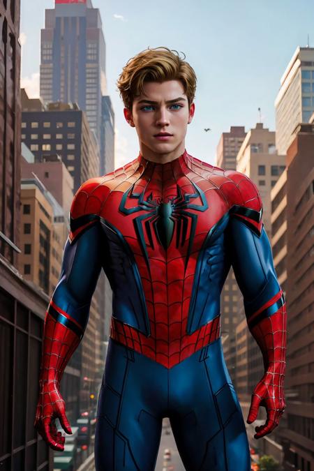 Spiderman in a costume with blue, green, yellow, and, Stable Diffusion