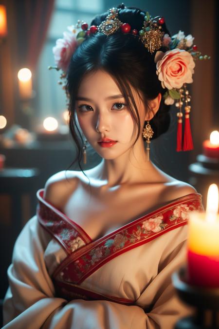 1girl, hair ornament, solo, flower, hair flower, candle, earrings, jewelry, black hair, black eyes, blurry, lips, red lips, looking at viewer, tassel, depth of field, makeup, realistic,(red_clothes:1.3),chinese clothes, floral print, upper body, medium breasts, off-the-shoulder
<lora:kim_å«£ææ¥¼_v1:0.85>