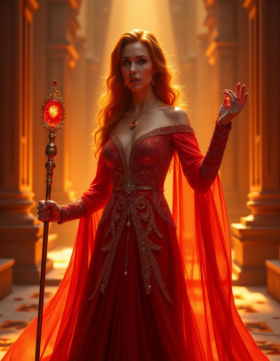 A regal fire queen with bright auburn hair stands in a grand palace made entirely of fire and red crystal. Her hot red gown is decorated with intricate flame patterns, and her skin seems to shimmer with waves of heat. She holds a scepter made of fire and ruby, and her smoldering, piercing gaze promises excitement and trouble to the viewer