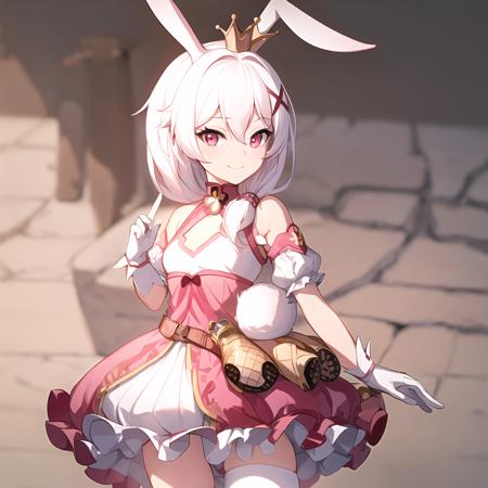 (masterpiece:1.2), (best quality:1.3), detailed, magical_teriri, 1girl, solo, beautiful detailed eyes, red_eyes, white_hair, long_hair, hair_ornament, hair_between_eyes, smile, rabbit_ears, rabbit_girl, pink_dress, puffy_short_sleeves, white_gloves, white_thighhighs, standing, cowboy_shot, <lora:magical_teriri_v2:0.9>