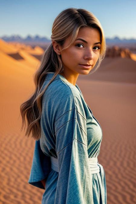 (low angle, closeup on face:1.2) <lora:FranceskaFournier_v1:.9> FranceskaFournier, from behind,4:: she is wearing kimono, her hair is styled as Straight Half-Up Half-Down, BREAK she is (in the desert:1.1), dramatic edge lighting, Agfa Vista ,shot on Canon EOS 5D, smooth background bokeh ,